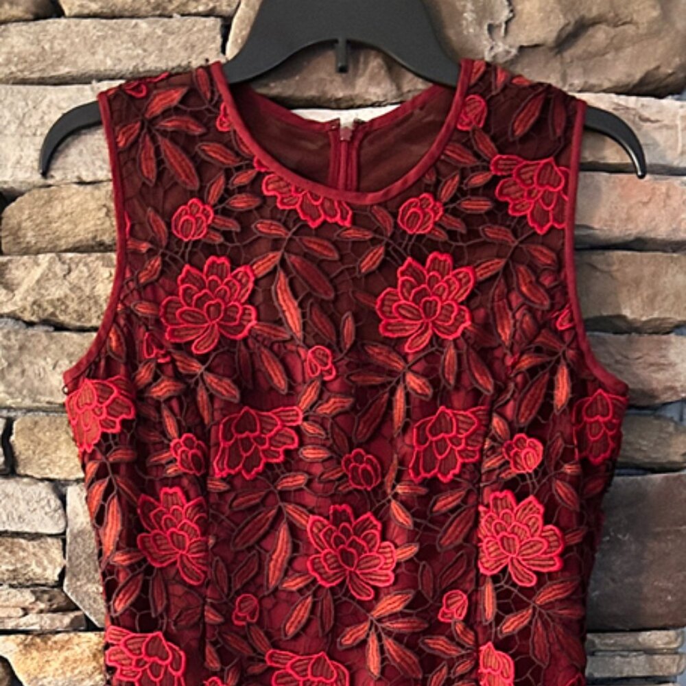 White House Black Market Red Midi Lace Sheath Dress Size 8